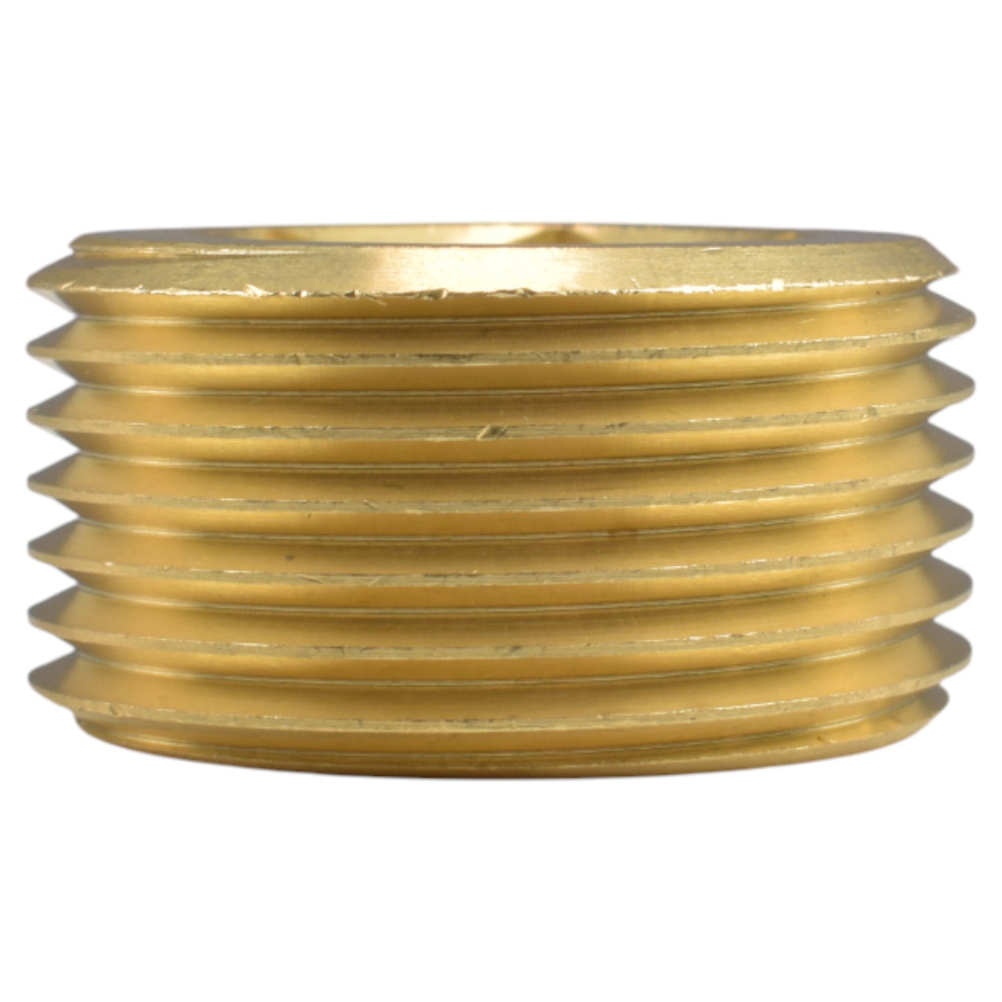 Brass BSP thread conversion cap, 1" BSPM to 3/4" BSPF, side profile thread ridges