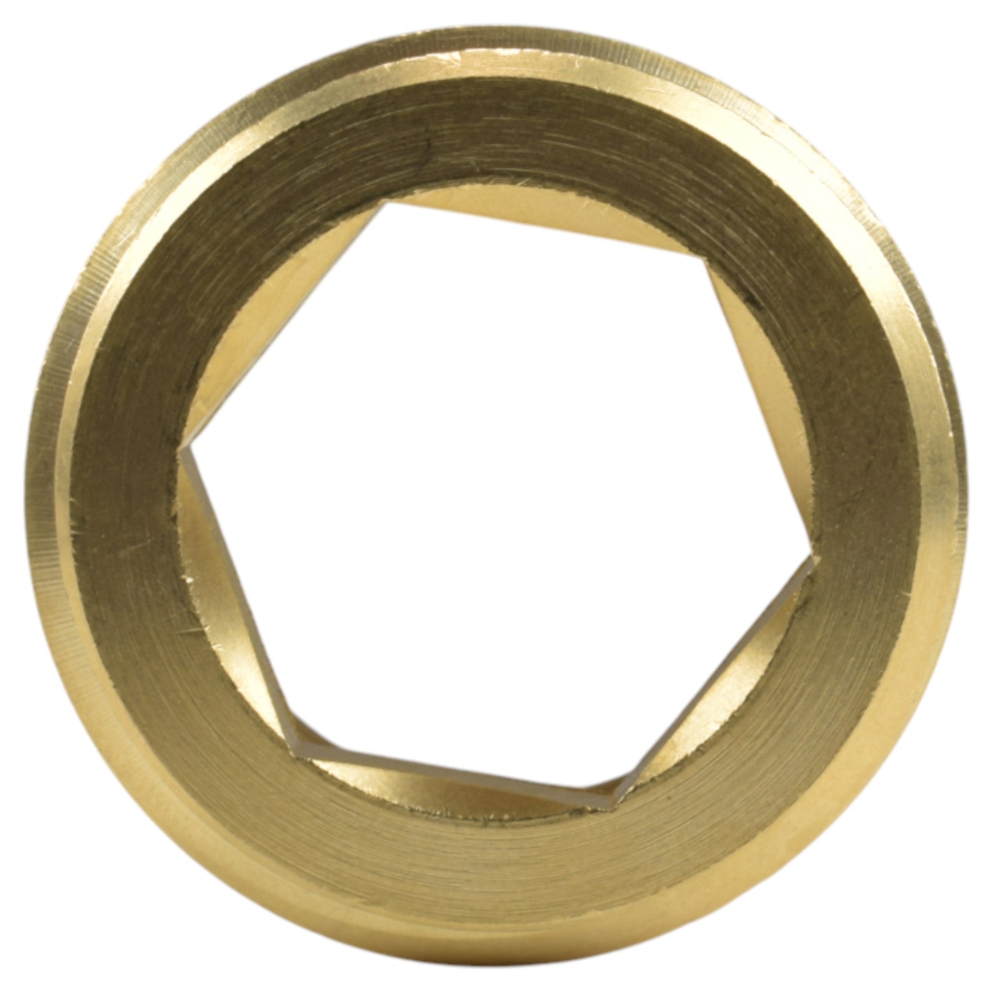 Brass BSP thread conversion cap with hex recess, 1" BSPM to 3/4" BSPF, end view