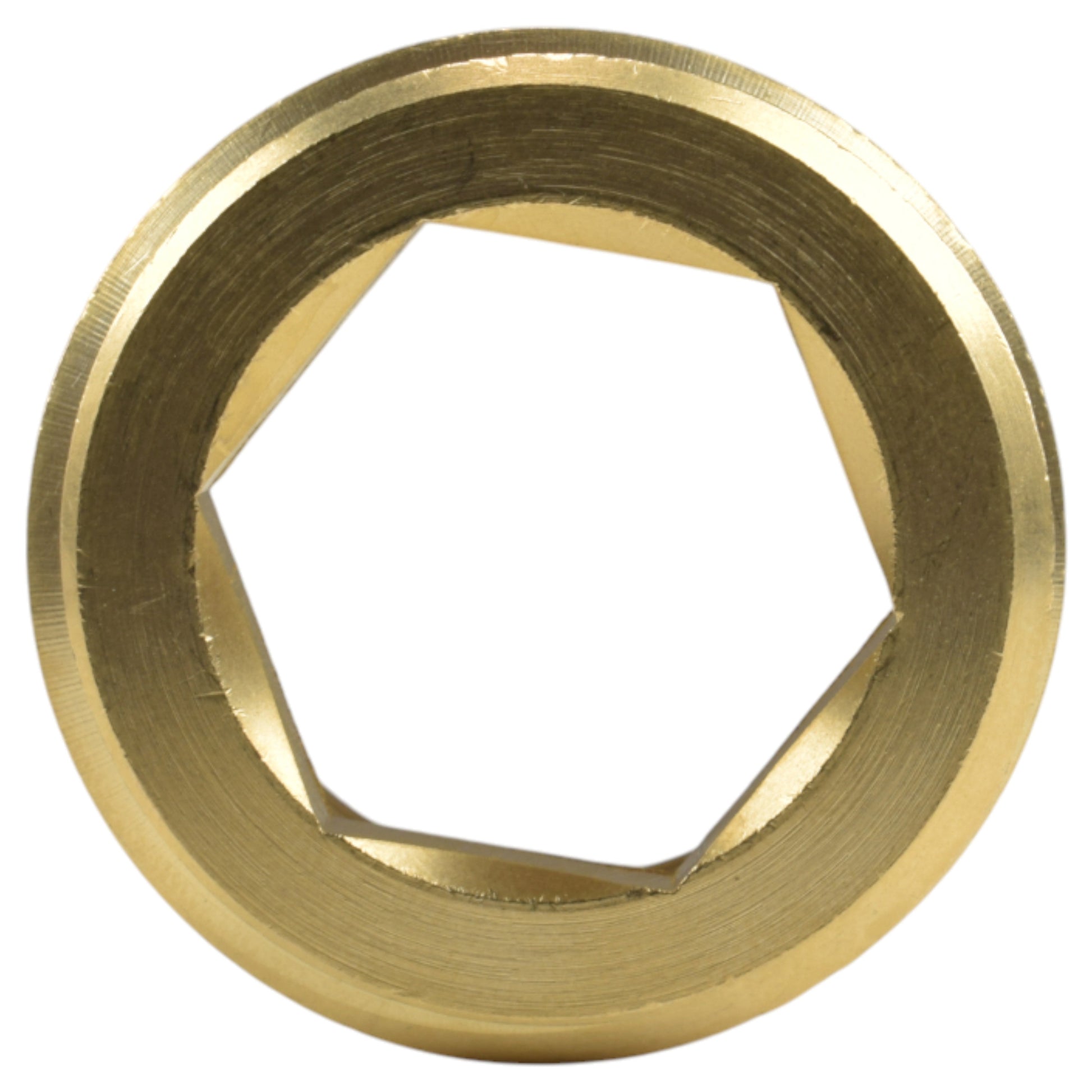 Brass BSP thread conversion cap with hex recess, 1" BSPM to 3/4" BSPF, end view