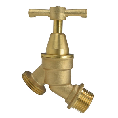 Brass bib tap with side barb and BSP threaded connection, close-up