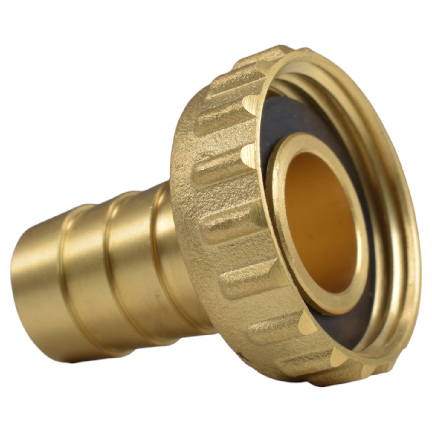 Brass bib tap outlet with barbed quick-connect fitting and BSP threaded inlet