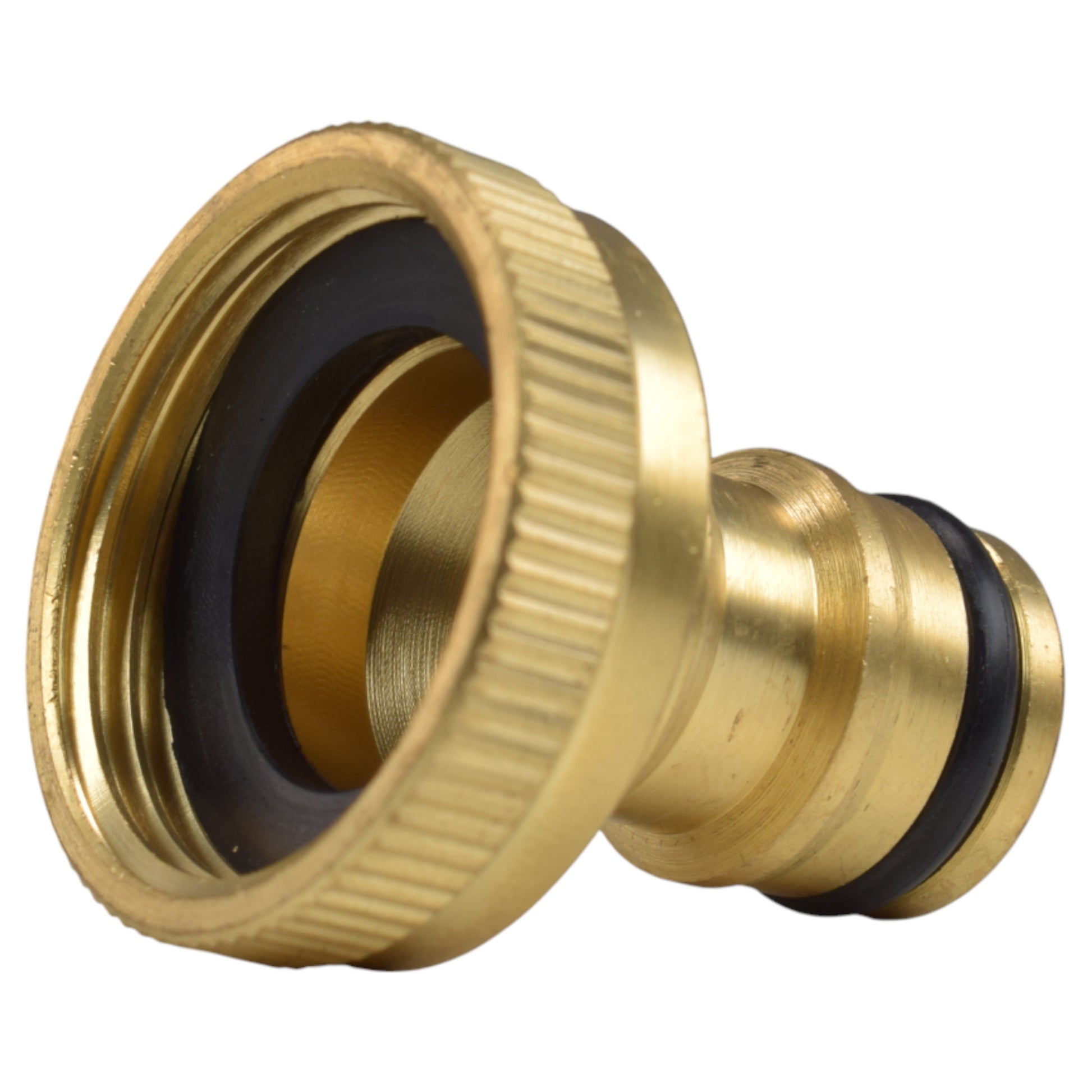 Brass quick-connect bib tap fitting with black O-ring seal and ribbed connector