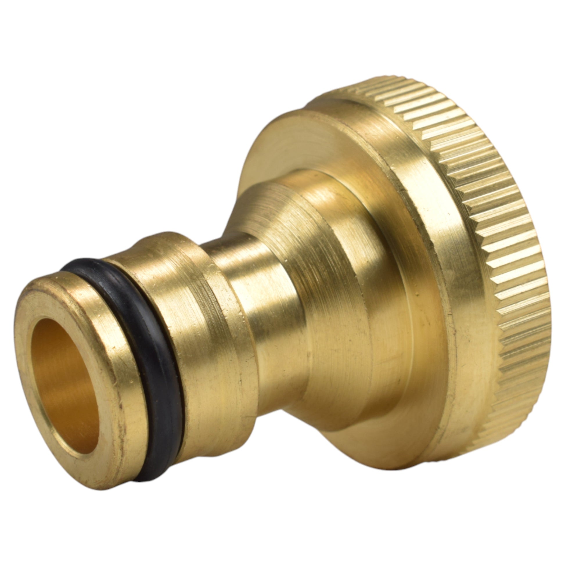 Brass barbed tap outlet with threaded inlet ends and quick-connect body