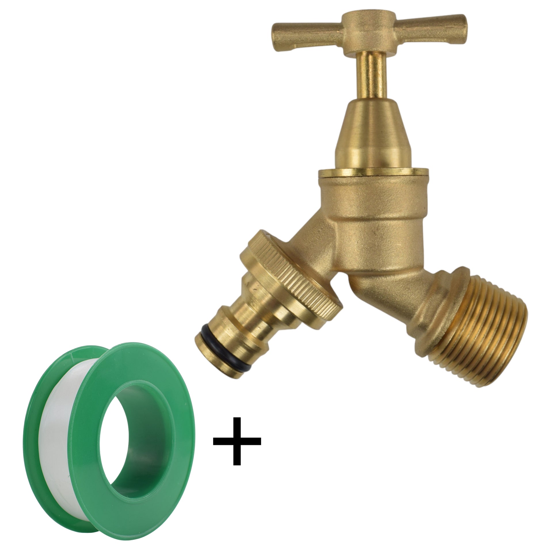 Brass bib tap connector with barbed outlet, BSP thread, and included green washer