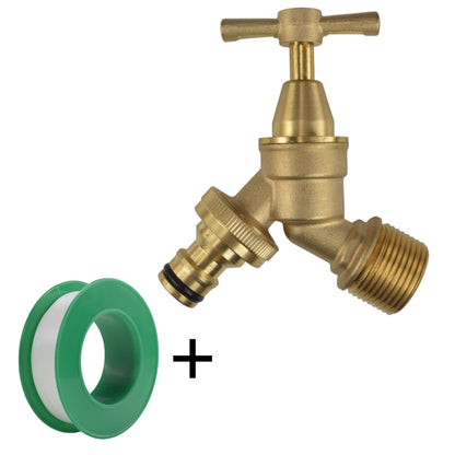 Brass bib tap connector with barbed outlet, BSP thread, and included green washer