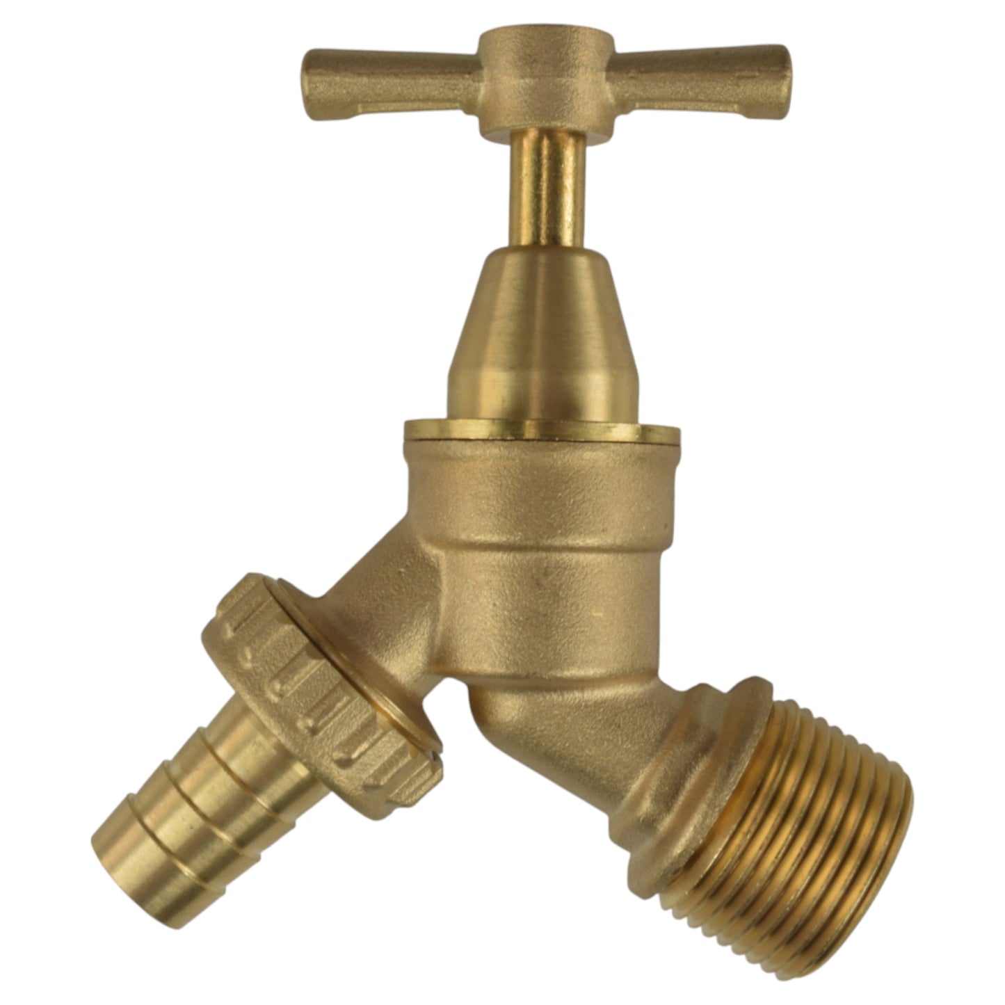Brass bib tap connector with barbed outlet and BSP threaded inlet, no washer shown