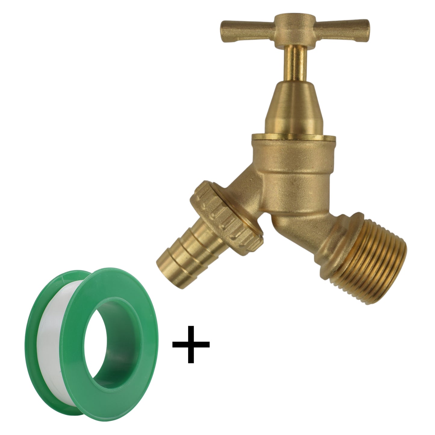 Brass bib tap connector with barbed outlet, BSP thread, plus included green washer