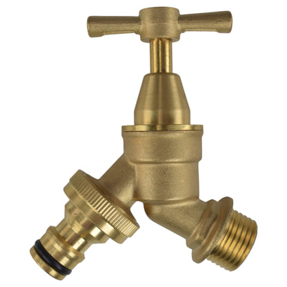 Brass bib tap kit with barbed quick-connect fitting and black seal at the hose end
