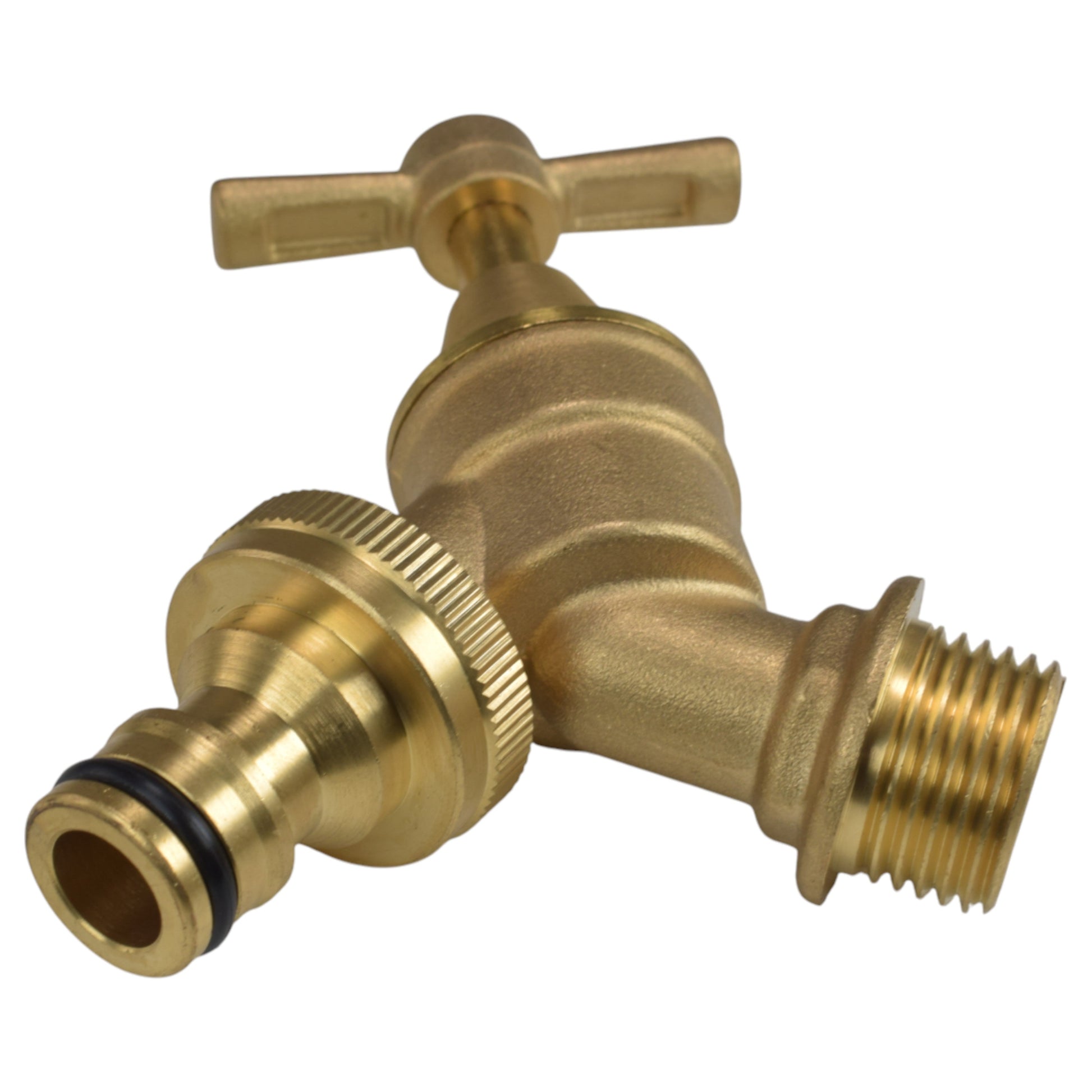 Brass bib tap kit close-up: barbed quick-connect end and BSP threaded outlet
