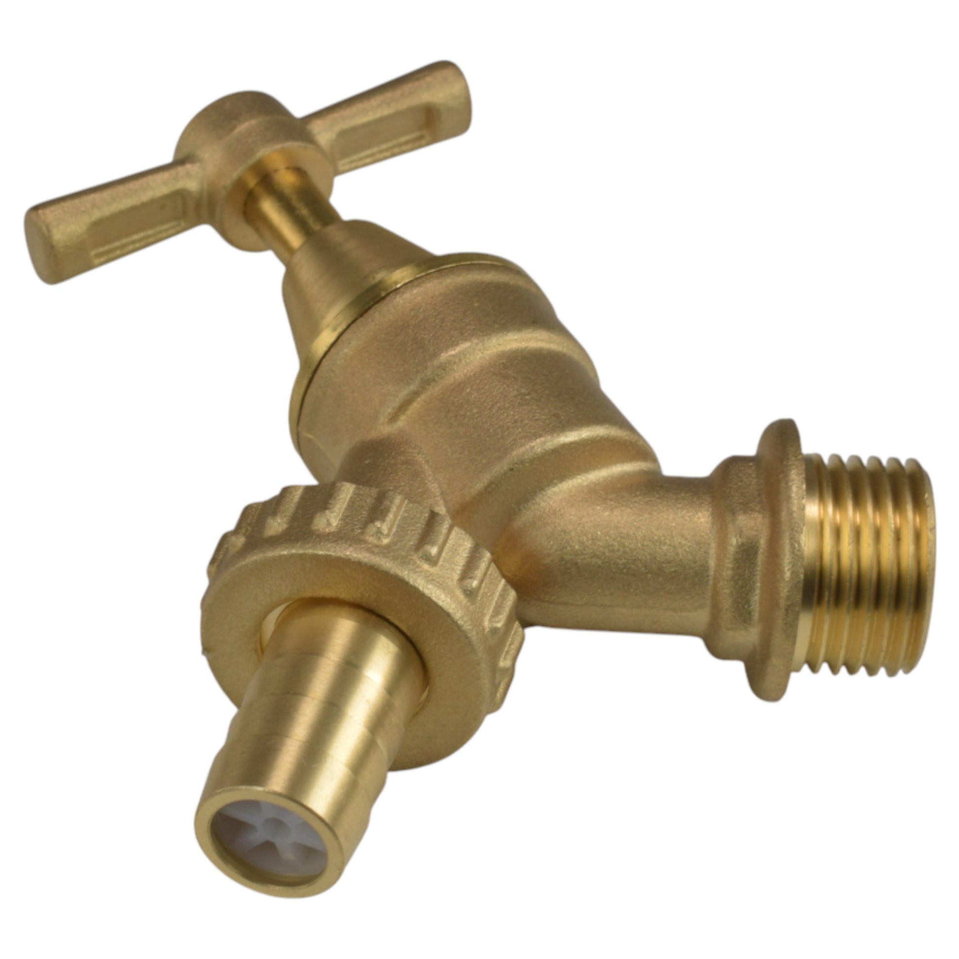 Brass bib tap kit side view showing lever handle, barbed connector, and BSP thread