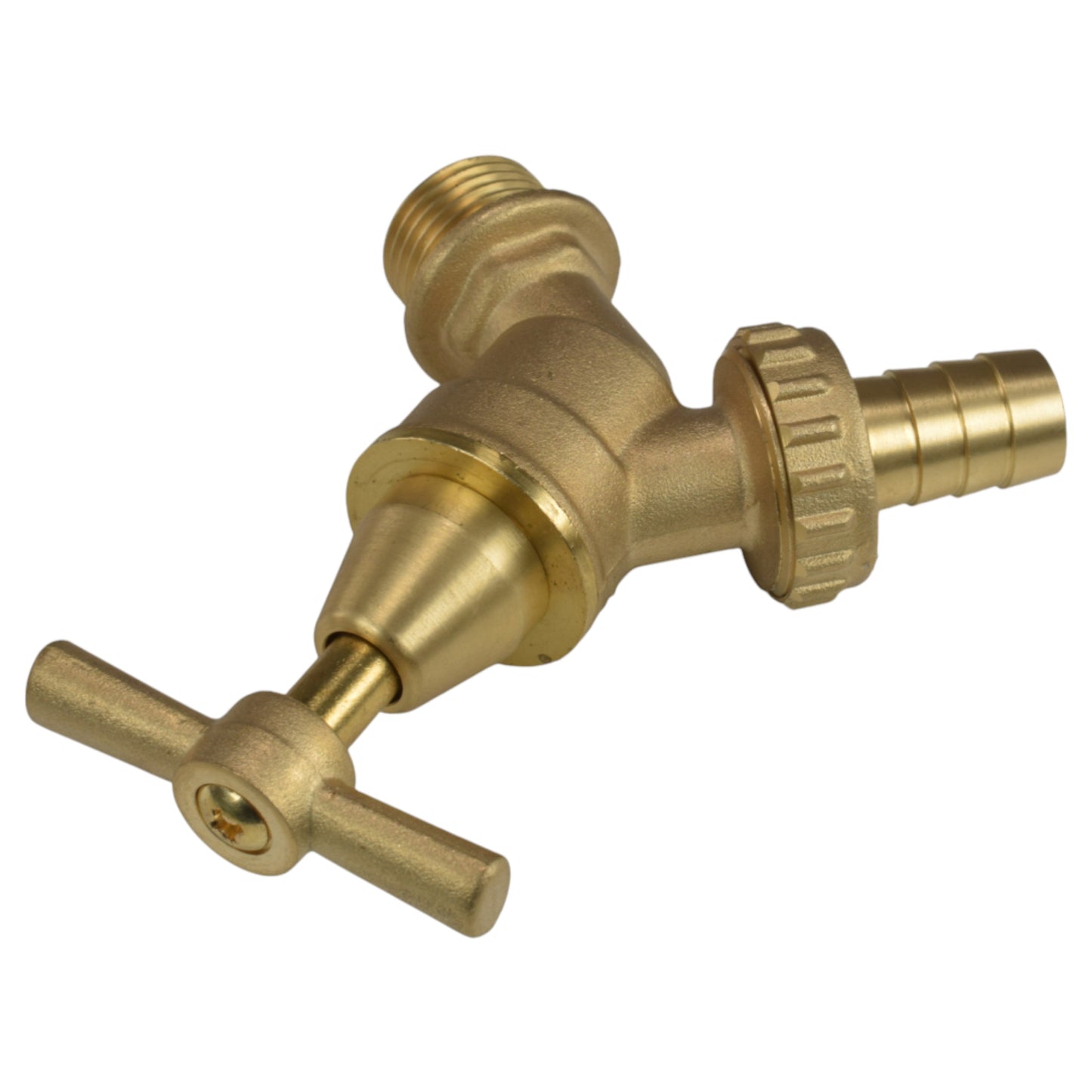 Brass bib tap kit close-up of barbed connection and BSP threaded outlets