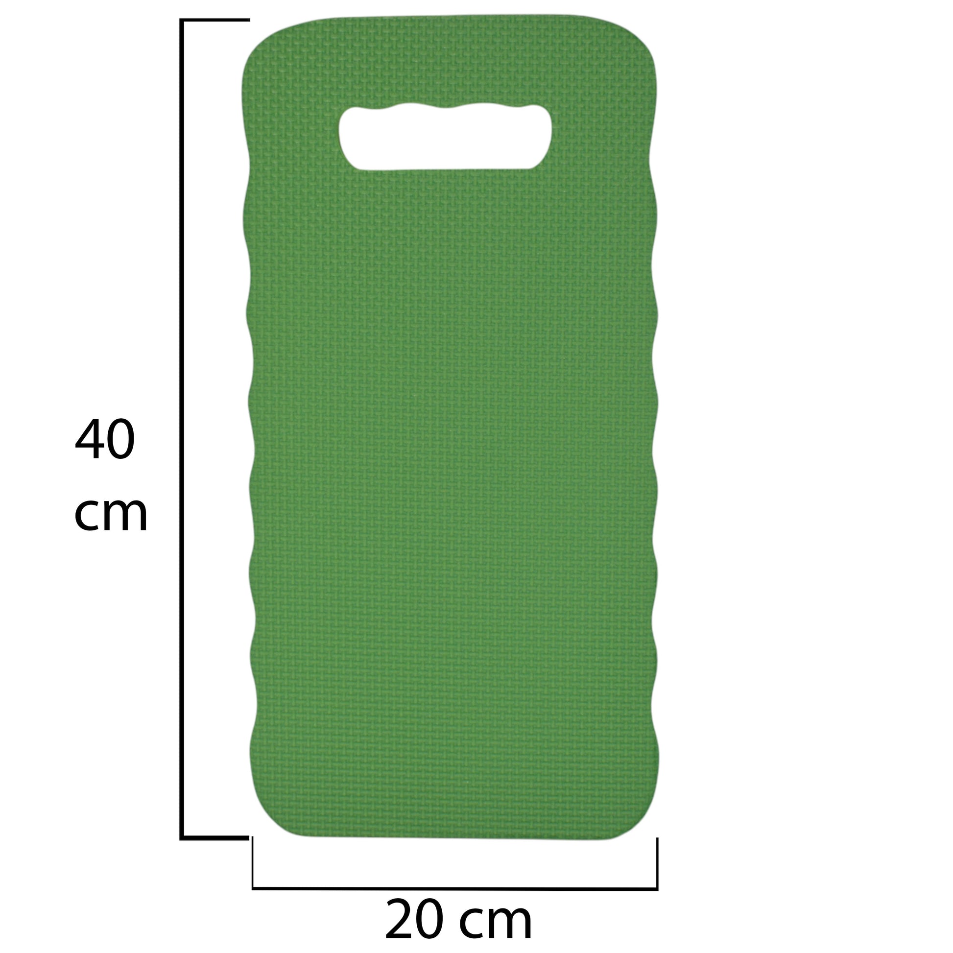 Green kneeler mat dimensions: 40 cm x 20 cm, with top handle cutout