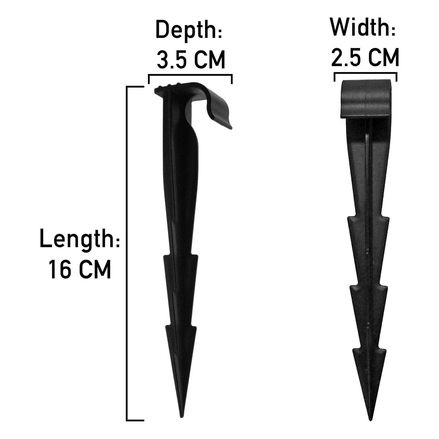 Ground stake size diagram: 16 cm length, 3.5 cm depth, 2.5 cm width