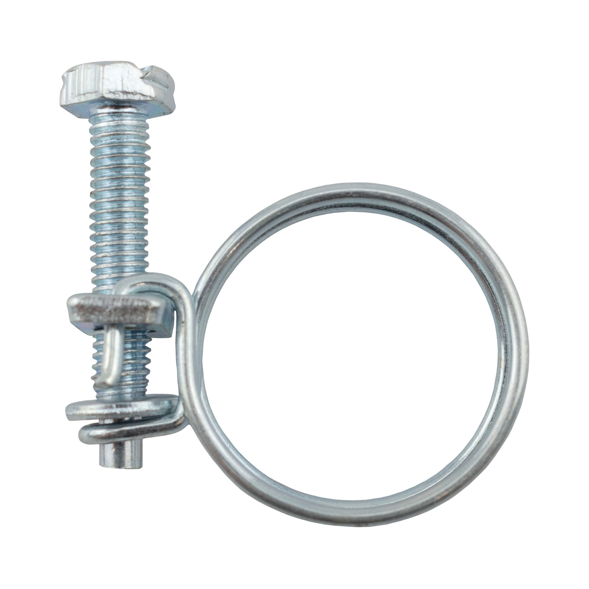 Galvanised double wire hose clamp with threaded bolt and circular band, 13–16 mm