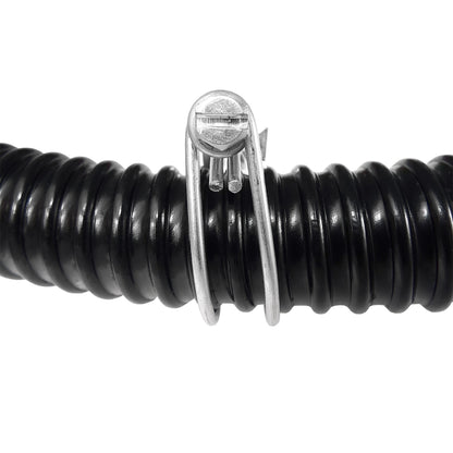 Galvanised hose clamp securing corrugated hose, 13–16 mm