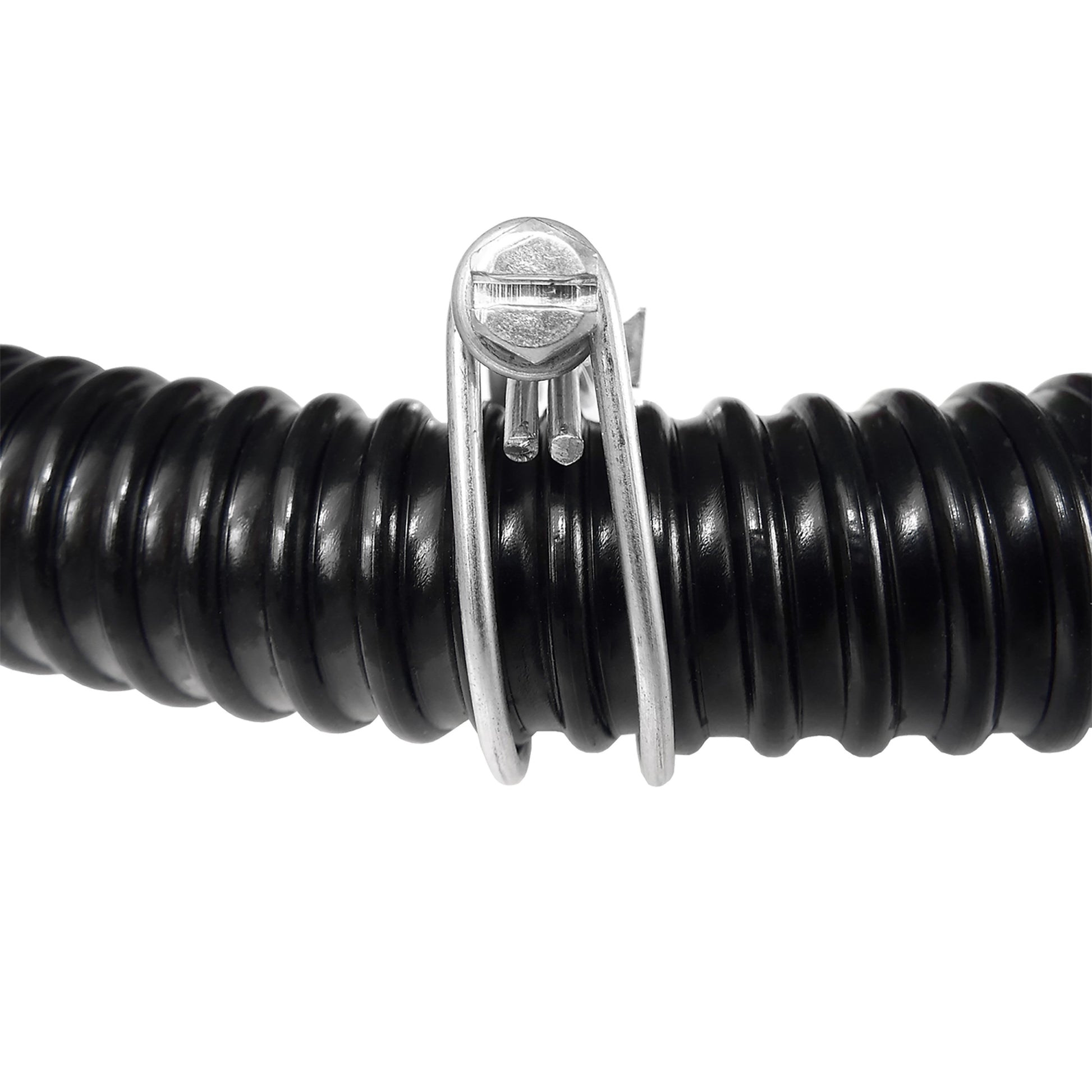 Close-up of a galvanised hose clamp on a black rubber hose