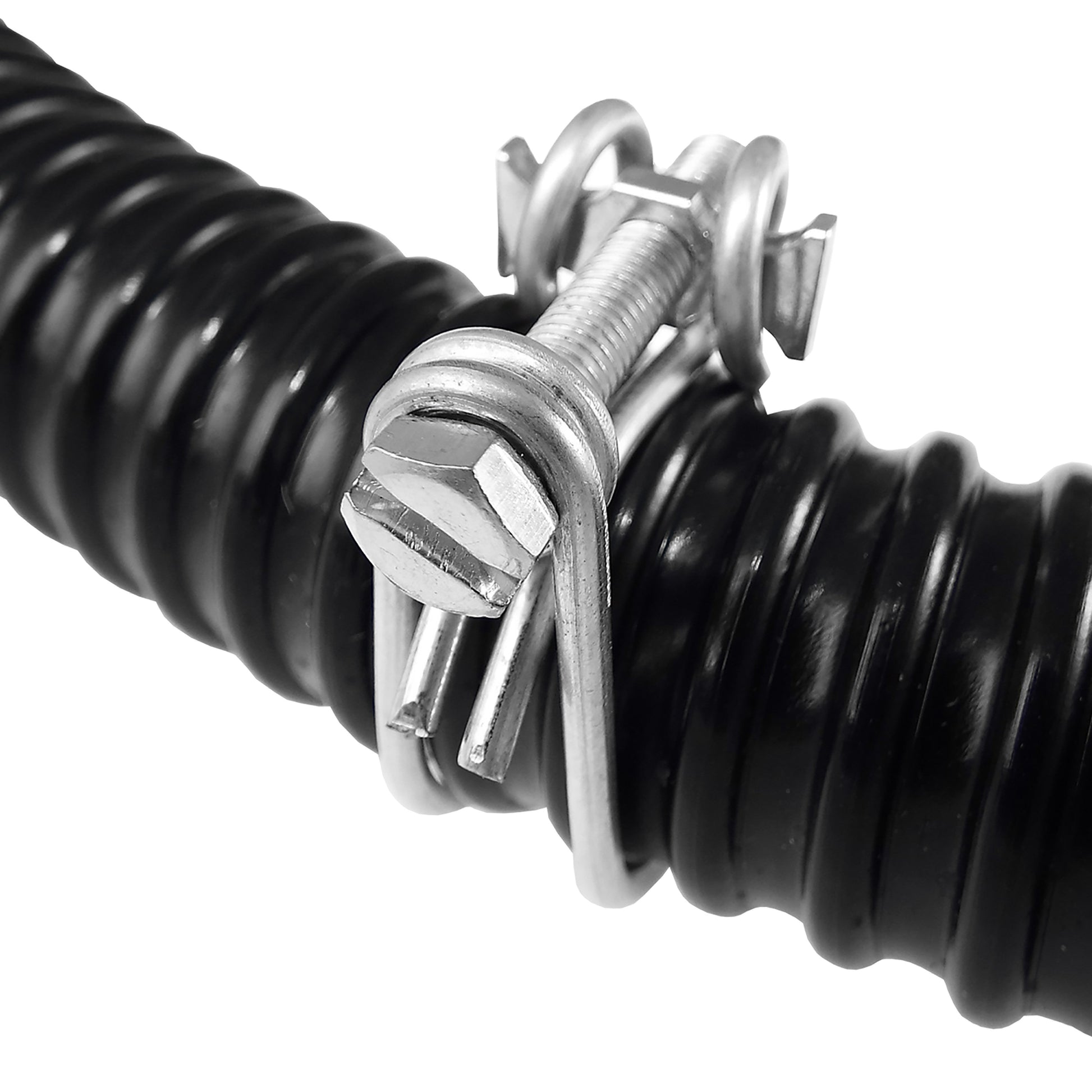 Close-up: galvanised screw and band of double wire hose clamp, 13–16 mm