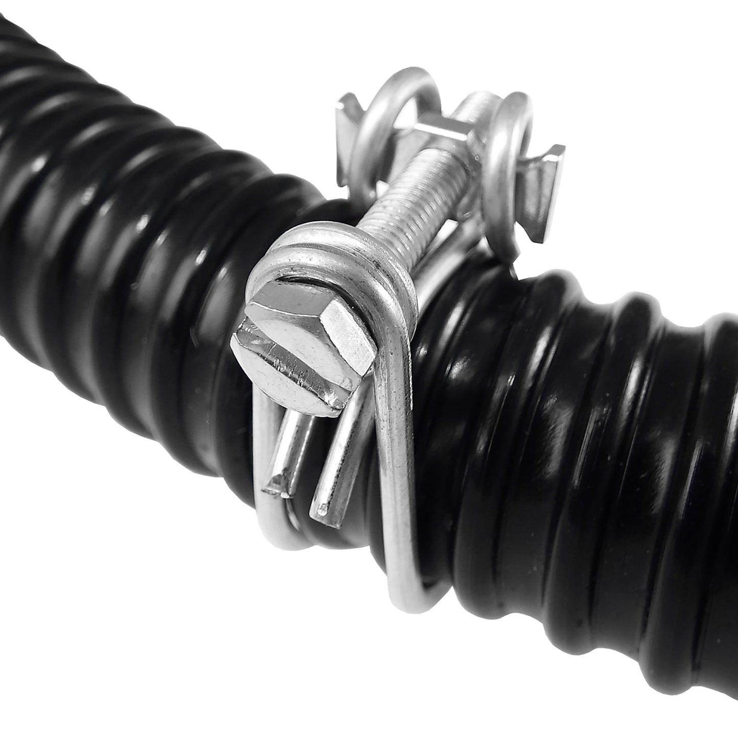 Double wire hose clamp tightening screw and band on black corrugated pipe