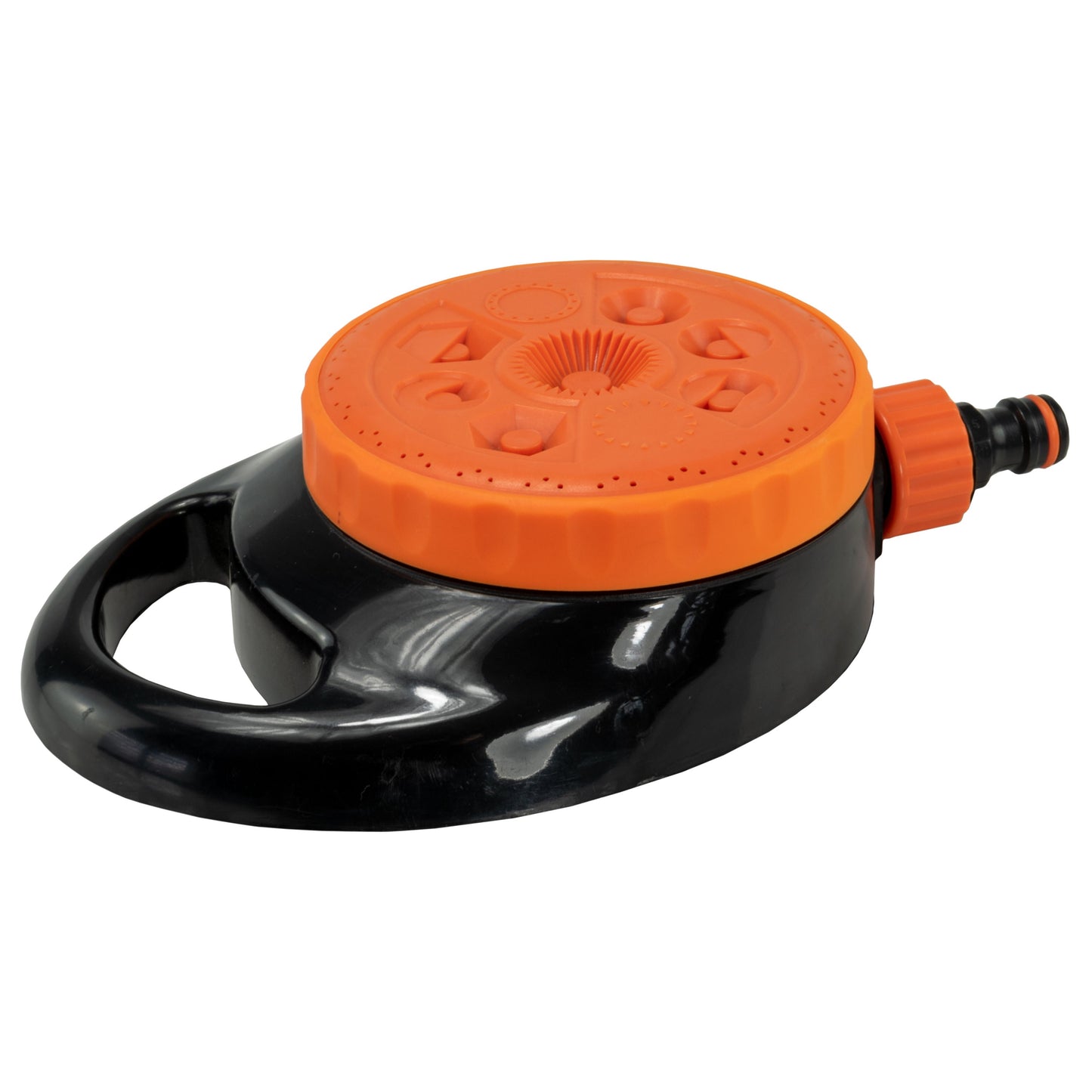 Front view of orange sprinkler top and black base with orange hose connector