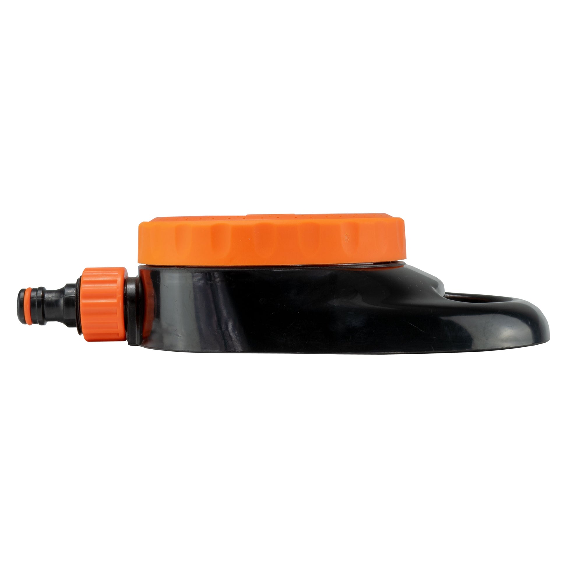 Side profile of orange-and-black sprinkler with side hose fitting and raised top cover