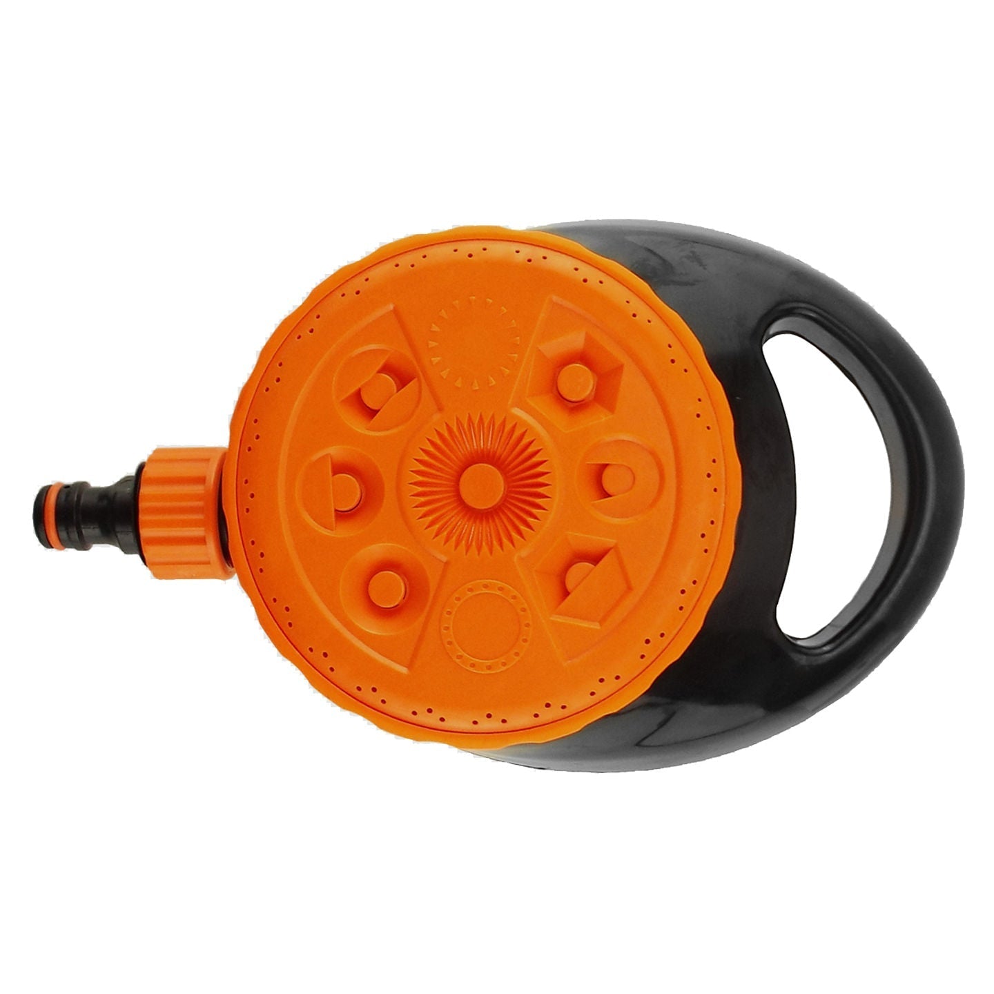 Orange and black static lawn sprinkler head with patterned spray face and handle loop