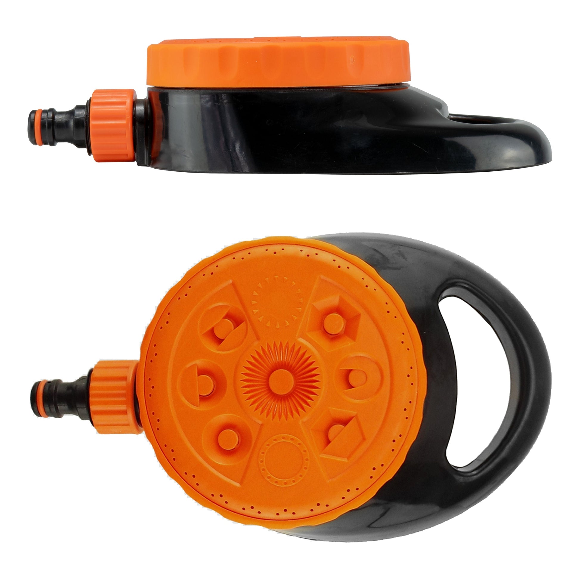 Black base and orange top static lawn sprinkler with orange water connector knob