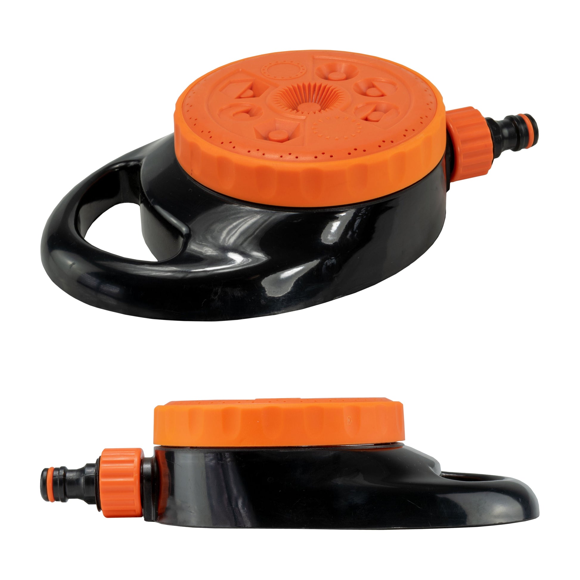 Static lawn sprinkler with orange circular spray plate and black U-shaped handle