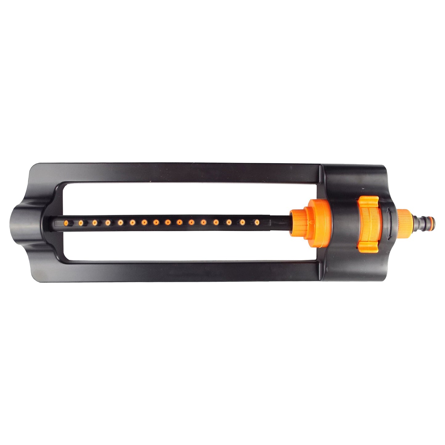 Compact sprinkler base with orange adjustable parts and hose connector