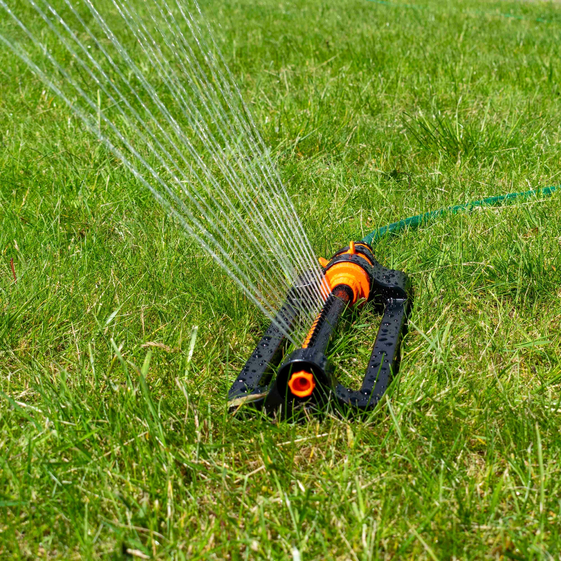 Oscillating sprinkler spraying a fine fan from the orange/black head
