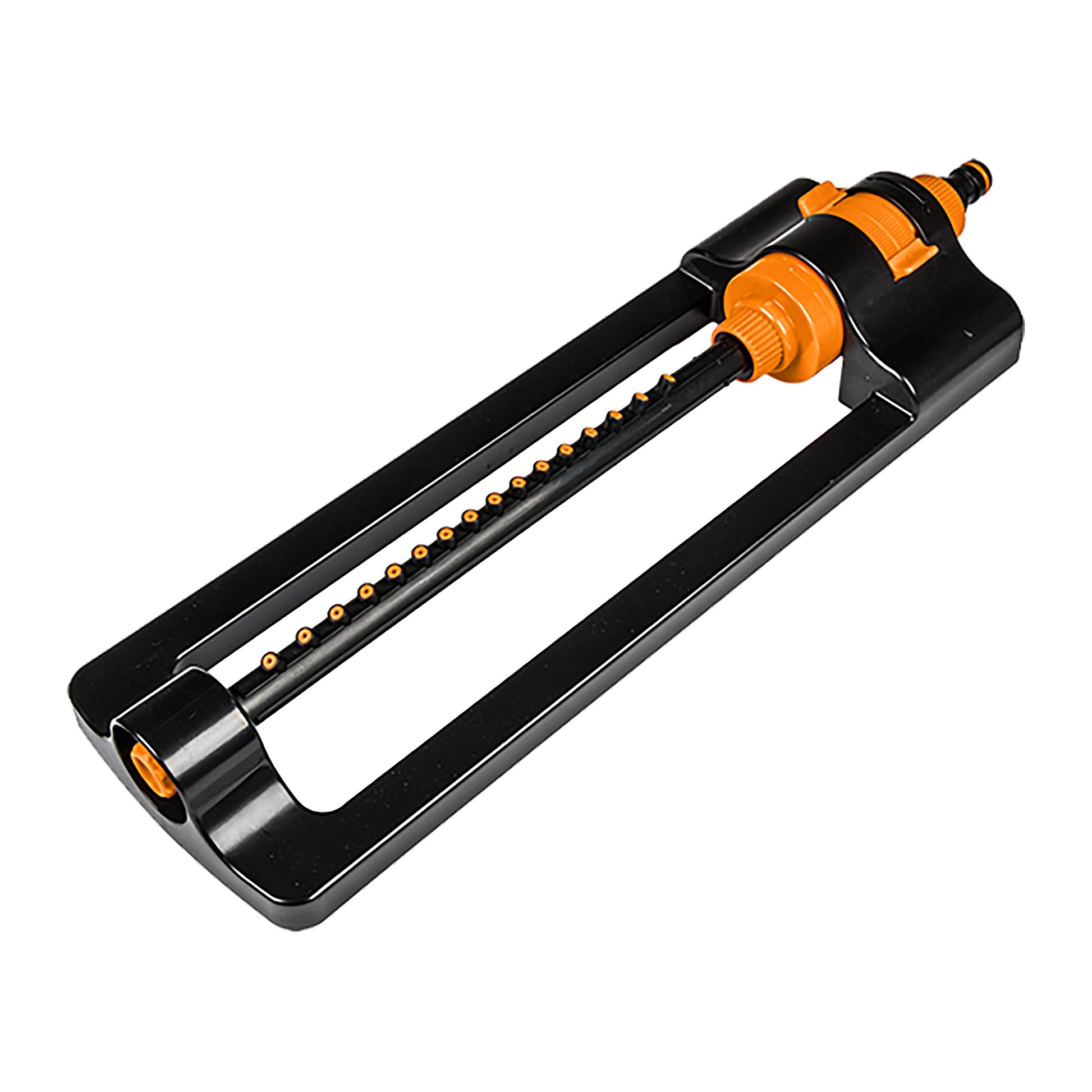 Compact oscillating sprinkler with orange-and-black spray arm and row of nozzles