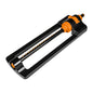 Compact oscillating sprinkler with orange-and-black spray arm and row of nozzles