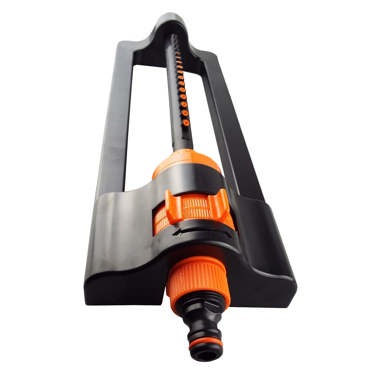Orange and black sprinkler head with nozzle wheel and garden hose connection