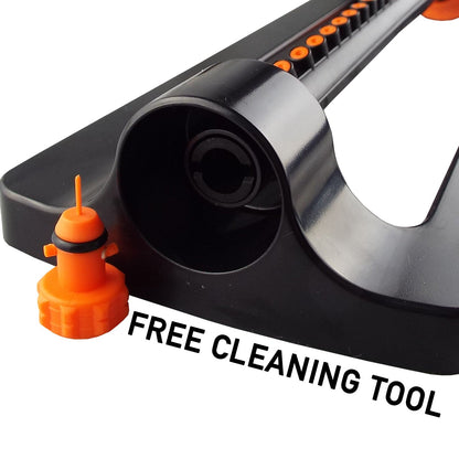 Sprinkler base with orange tool attachment and text 'FREE CLEANING TOOL'
