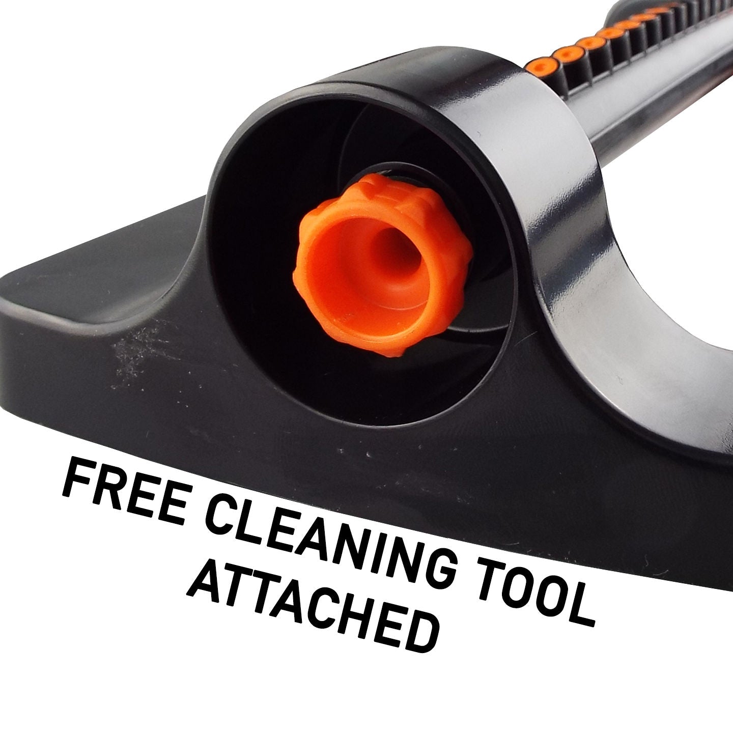Sprinkler housing with orange outlet opening and text 'FREE CLEANING TOOL ATTACHED'