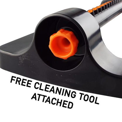 Sprinkler housing with orange outlet opening and text 'FREE CLEANING TOOL ATTACHED'