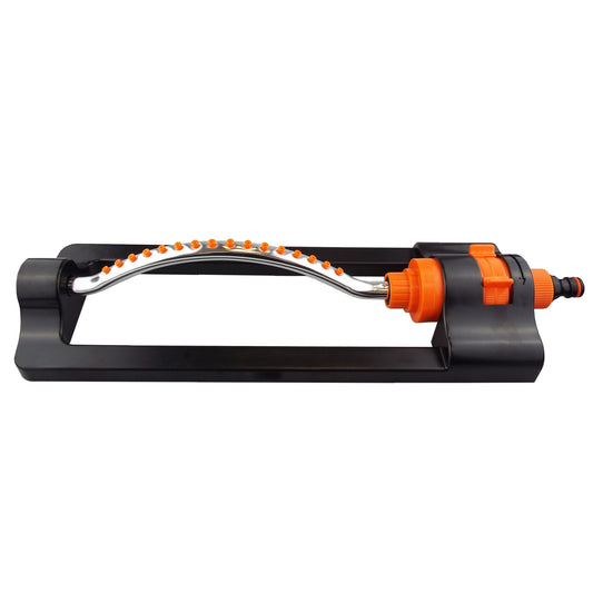 Compact oscillating sprinkler with black base, orange controls and metal spray bar