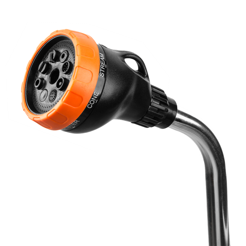 Orange-and-black multi-pattern spray head on chrome watering lance with curved spout