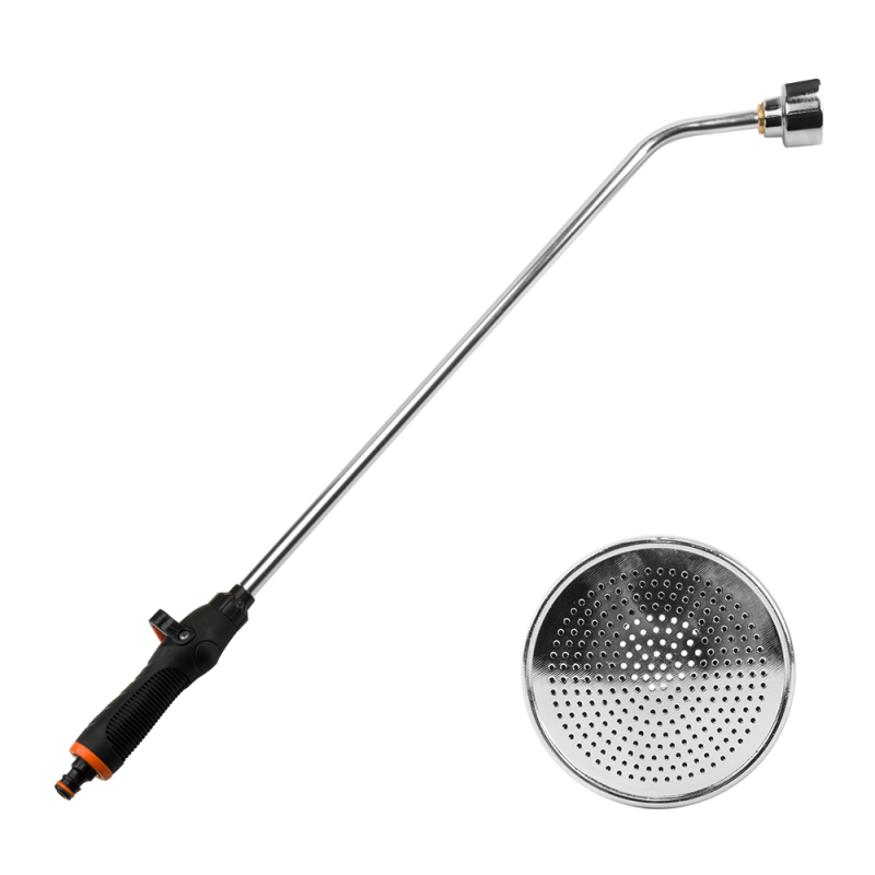 Long 83 cm watering lance with rose spray head, black handle and orange accent