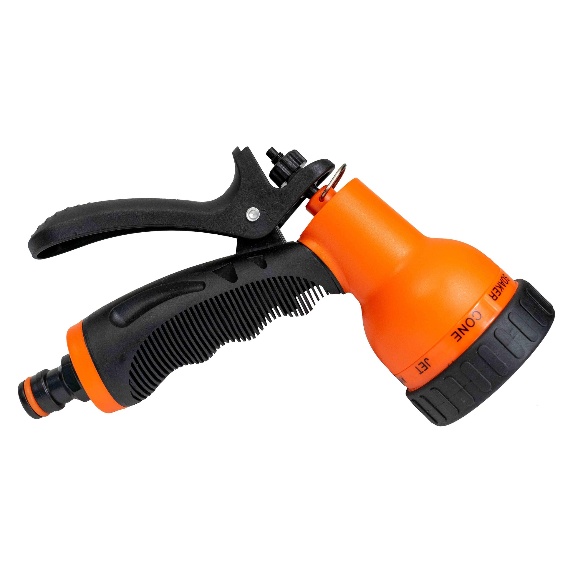 Orange and black hose water sprayer with textured handle and trigger guard