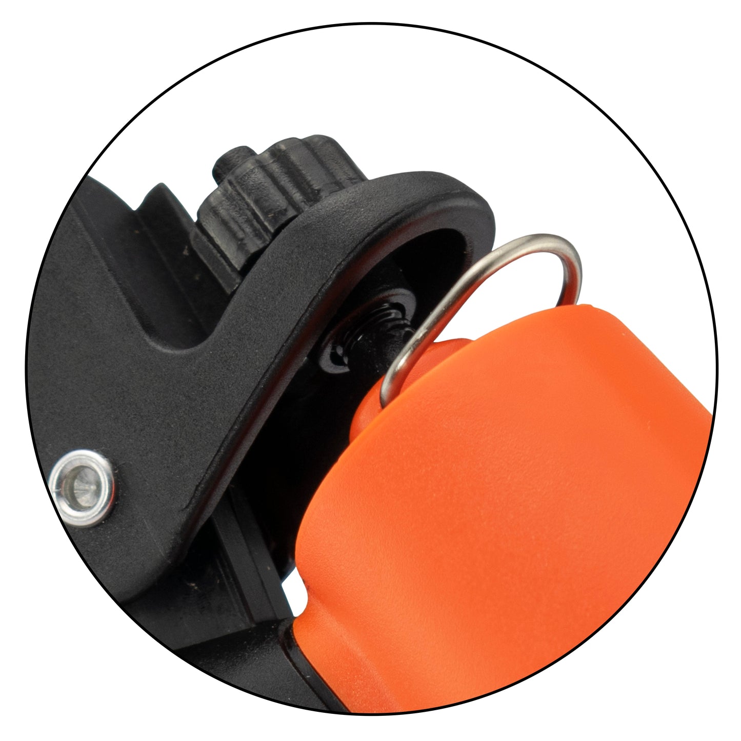 Orange sprayer head and black trigger handle with metal hose connection ring
