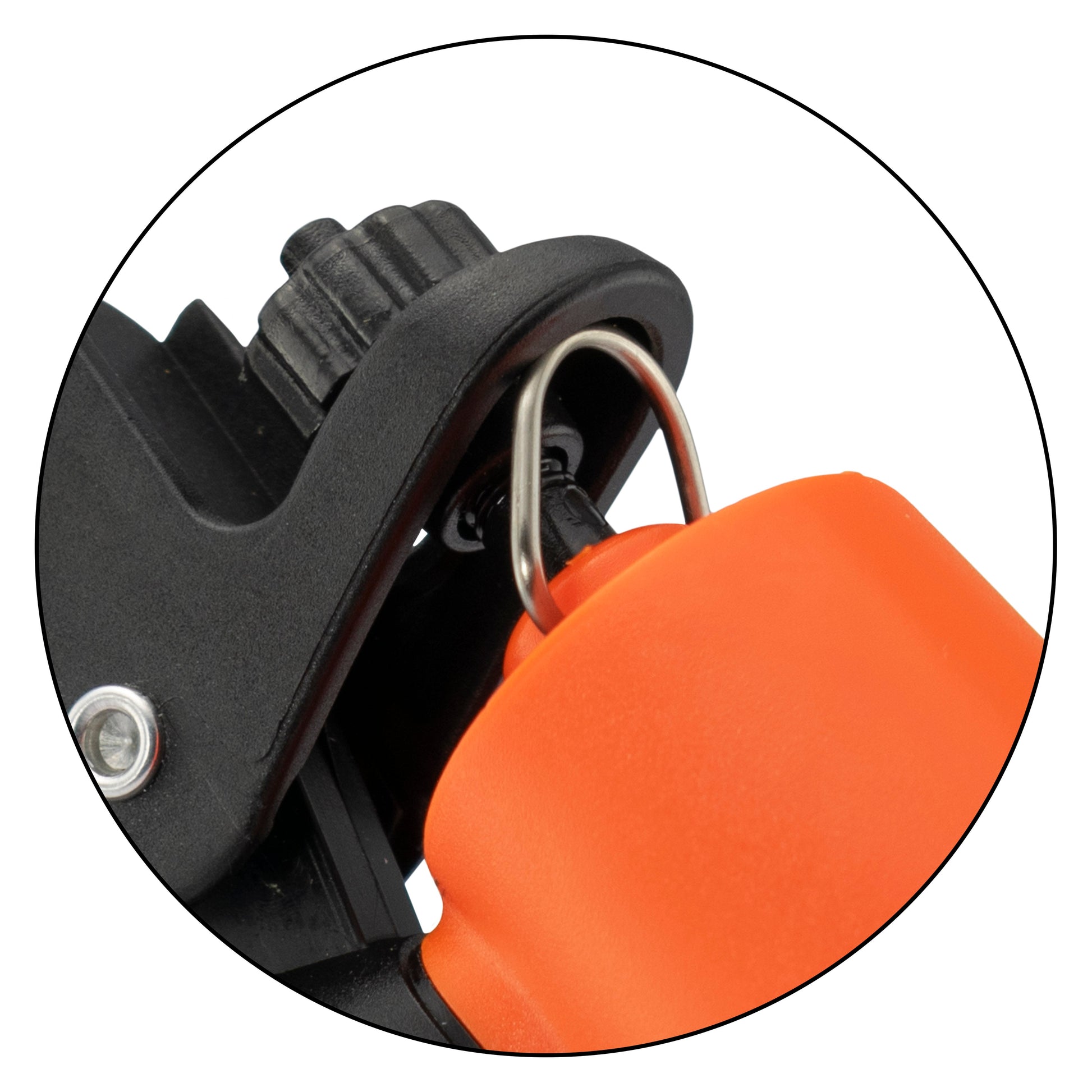 Close-up of hose sprayer connection area on orange head and black frame