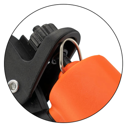Close-up of hose sprayer connection area on orange head and black frame