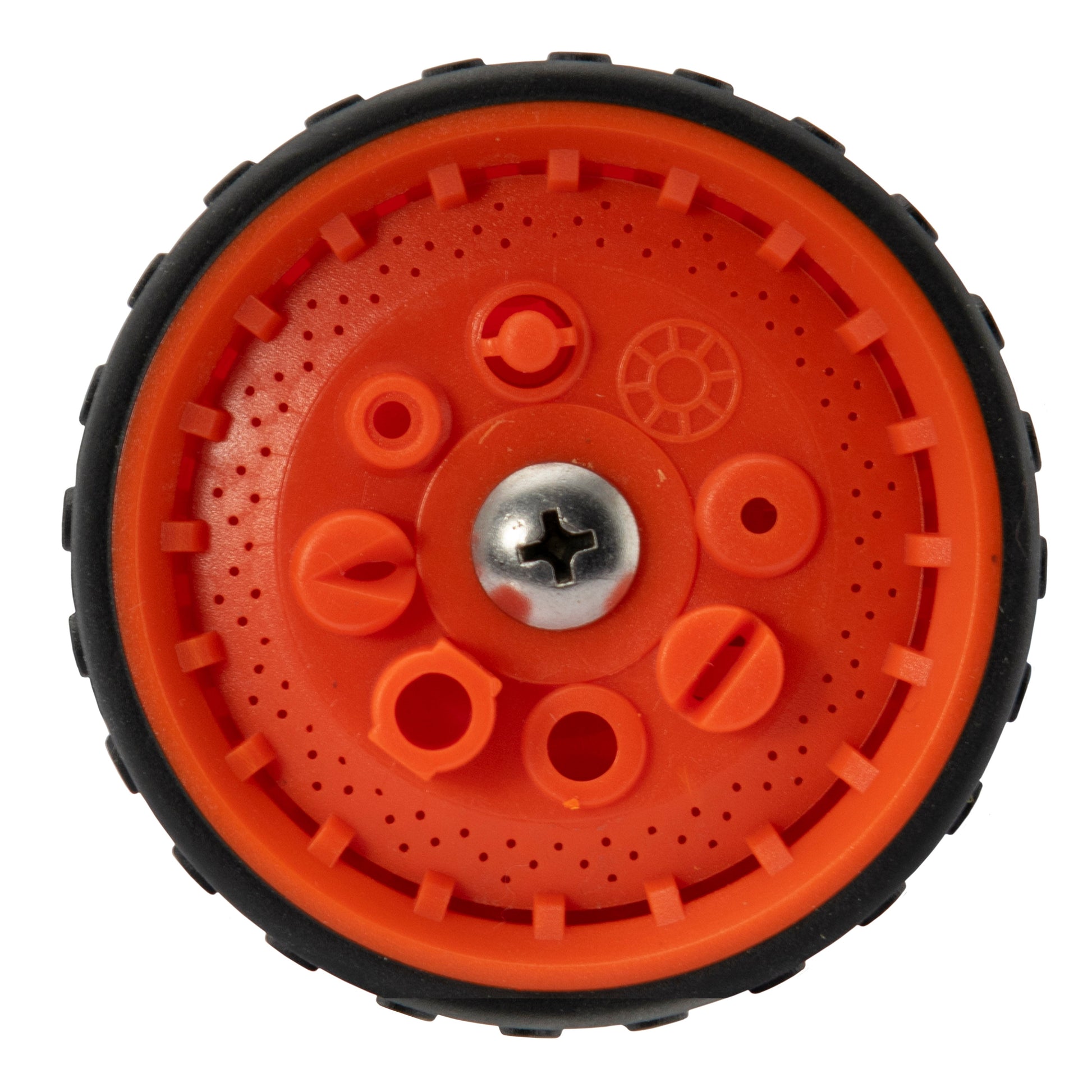 Orange multi-pattern nozzle face with circular spray ports and selector slots