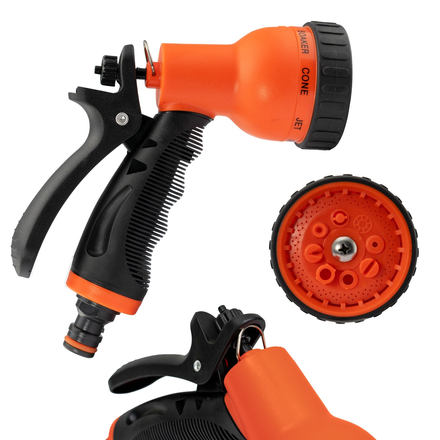 Hose sprayer gun with orange nozzle, black handle, and extra nozzle head included