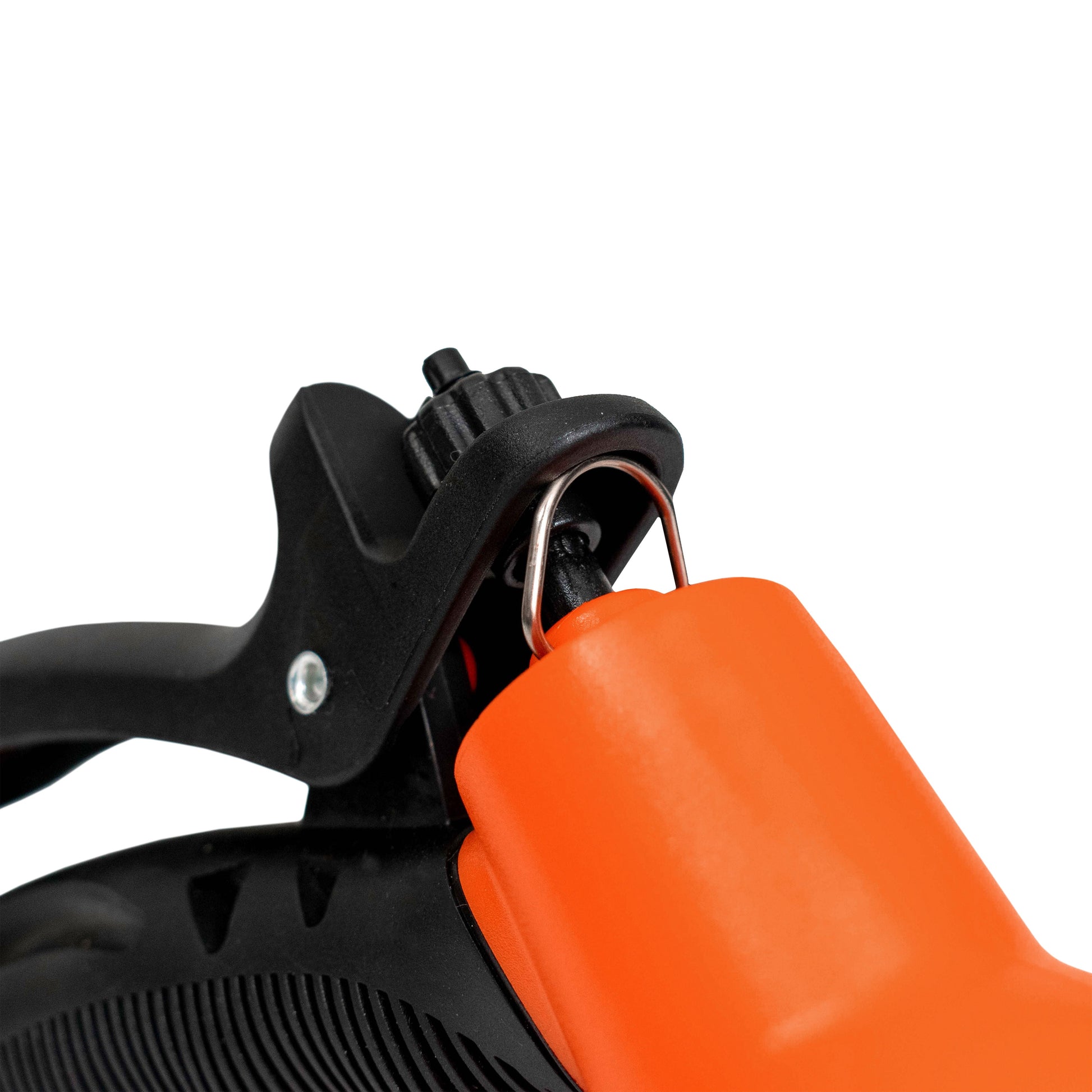 Metal connector loop on orange sprayer head attached to black handle base