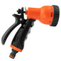 Hose water sprayer gun with orange head and black grip, 8-pattern selector ring
