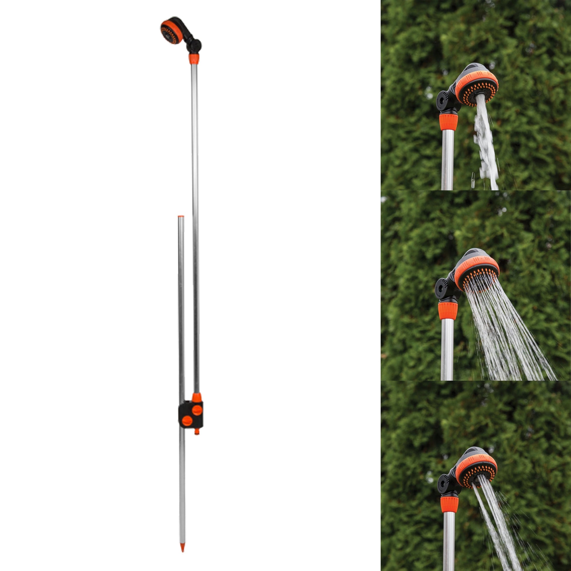 Garden Shower on Stake with orange controls, metal pole, and shower head
