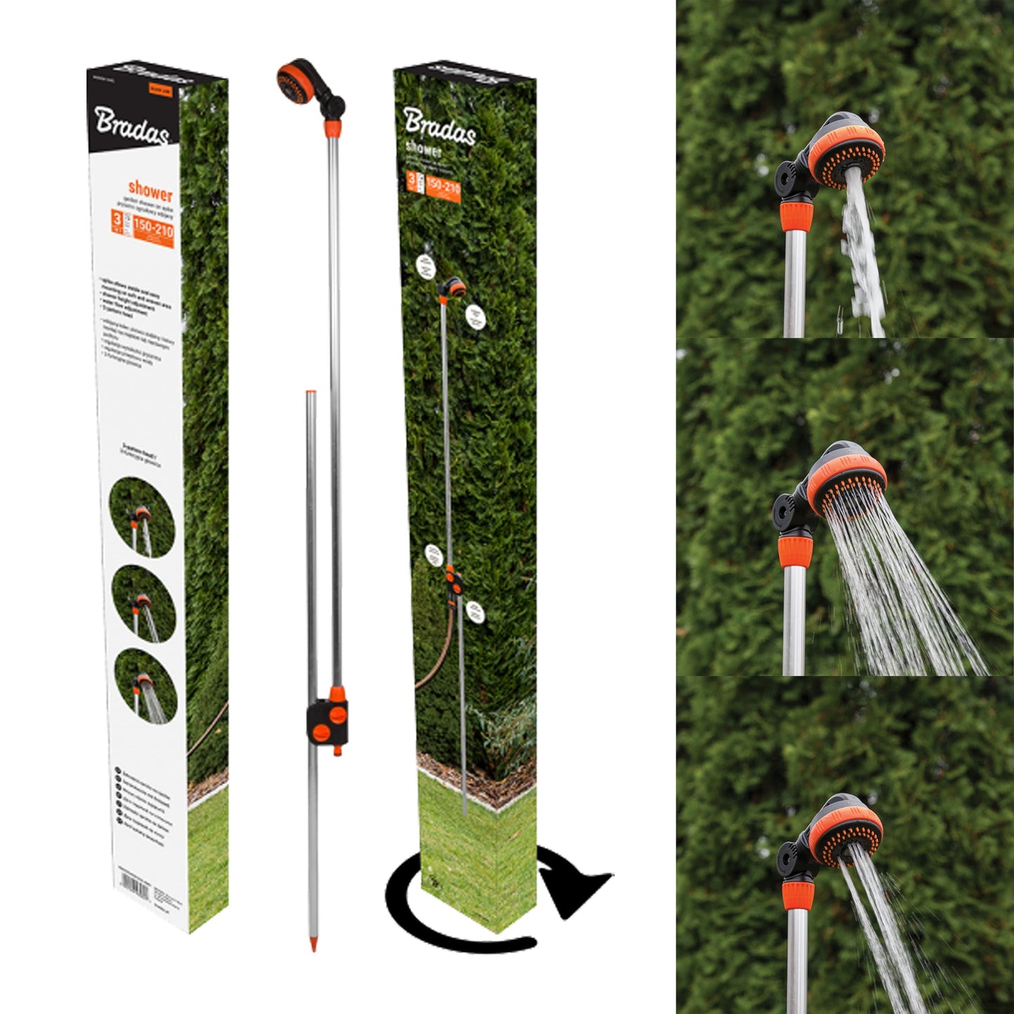 Garden Shower on Stake kit with packaging and installed stake shower