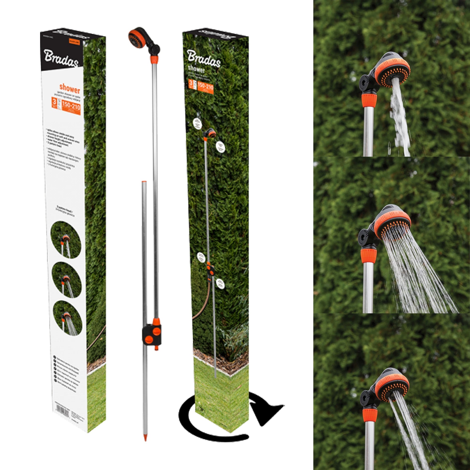 Garden Shower on Stake kit with packaging and installed stake shower