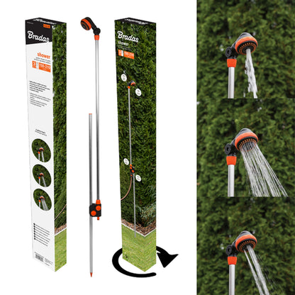 Garden Shower on Stake kit with packaging and installed stake shower